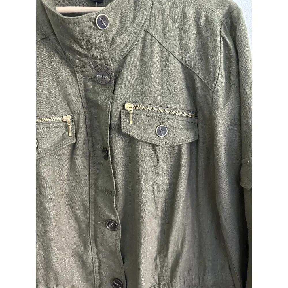 INC Utility Jacket Women's 2XL Olive Green Linen Lightweight Cargo Military Chic - Picture 11 of 14